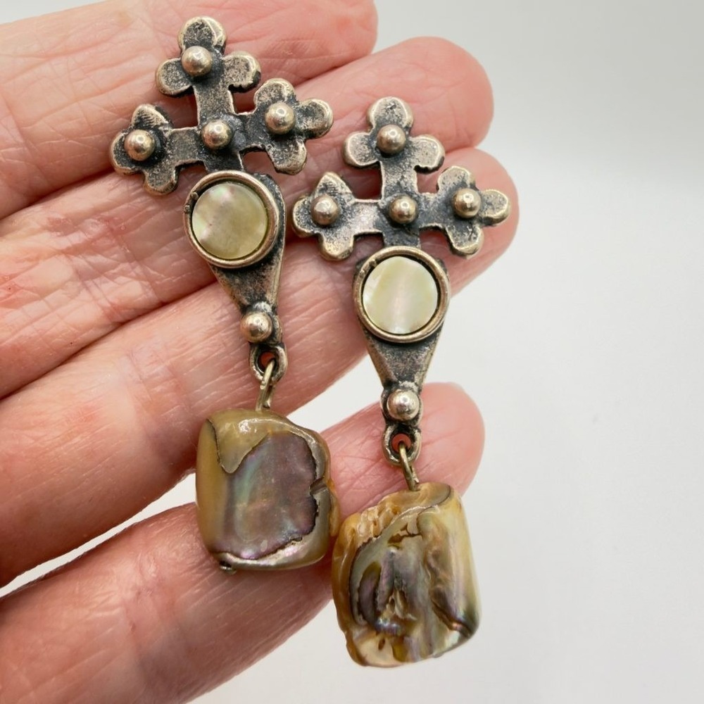 Sterling Silver Cross Earrings Artisan Made Mother of Pearl Abalone Southwestern - Picture 2 of 8